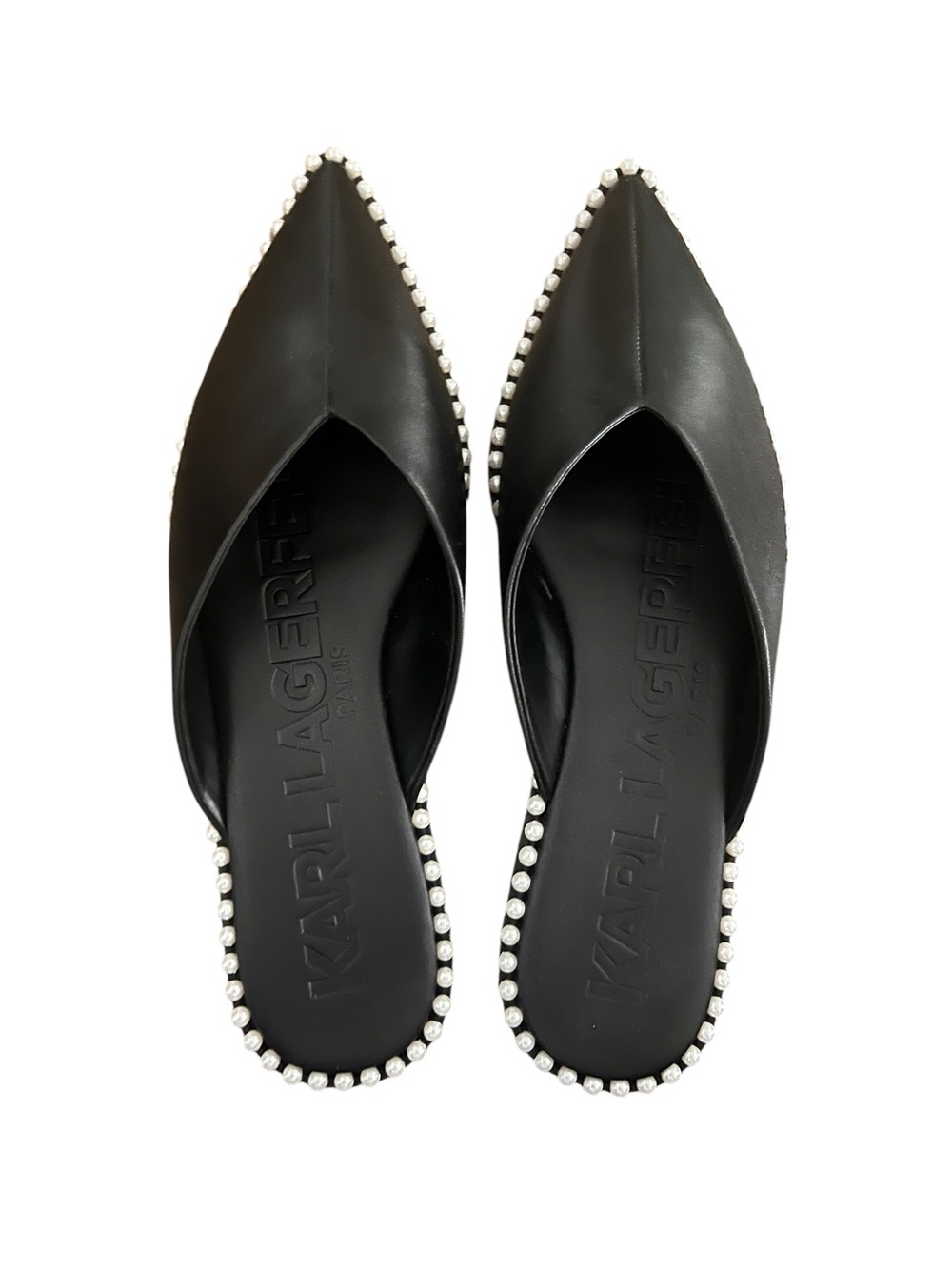 Karl Lagerfeld Paris Vyra Black Leather Pointed Toe Mules with Pearls Size 9